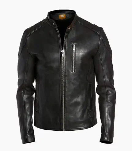 Stylish black genuine leather jacket showcasing handcrafted quality and customization options, perfect for any occasion.