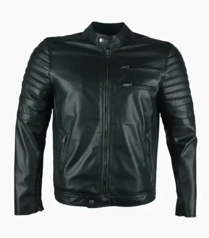 Stylish black leather biker jacket for men, handcrafted with premium materials, perfect for any occasion.