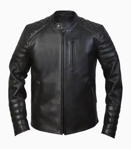 A stylish black leather biker jacket for men, showcasing premium craftsmanship and customizable options, perfect for adventure seekers.