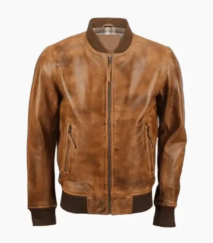 Premium brown leather bomber jacket for men, showcasing premium quality and stylish design.