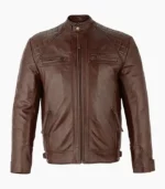 A stylish brown leather jacket for men, showcasing its handcrafted design and premium quality, perfect for any occasion.