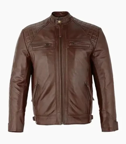 A stylish brown leather jacket for men, showcasing its handcrafted design and premium quality, perfect for any occasion.