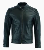Men’s Black Genuine Leather Jacket, crafted from premium leather, featuring a sleek design and customizable options.