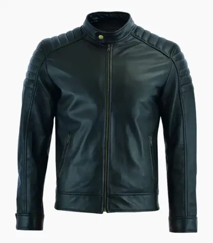 Men’s Black Genuine Leather Jacket, crafted from premium leather, featuring a sleek design and customizable options.