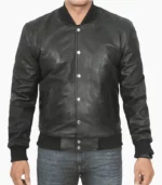 Mens Black Leather Bomber Jacket featuring premium leather construction, ideal for stylish and versatile outerwear.