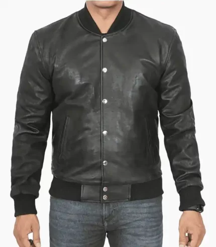Mens Black Leather Bomber Jacket featuring premium leather construction, ideal for stylish and versatile outerwear.