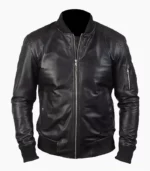 Mens Black Leather Bomber Jacket made from real leather, featuring a sleek design with ribbed cuffs, collar, and hem for a classic yet modern look. Perfect for casual or semi-formal occasions.
