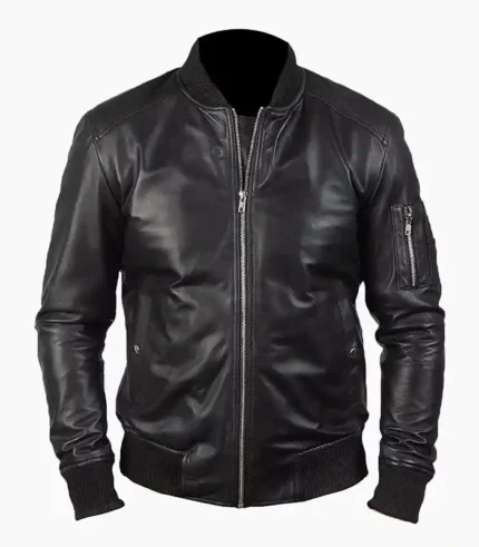 Mens Black Leather Bomber Jacket made from real leather, featuring a sleek design with ribbed cuffs, collar, and hem for a classic yet modern look. Perfect for casual or semi-formal occasions.