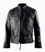 Stylish mens black leather jacket made from premium real leather, designed for a custom fit and perfect for any occasion.