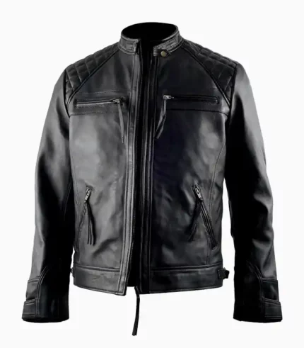 Stylish mens black leather jacket made from premium real leather, designed for a custom fit and perfect for any occasion.