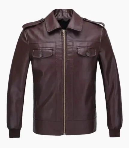 A stylish mens brown leather biker jacket that combines durability and classic design, perfect for motorcycle enthusiasts and casual wear.