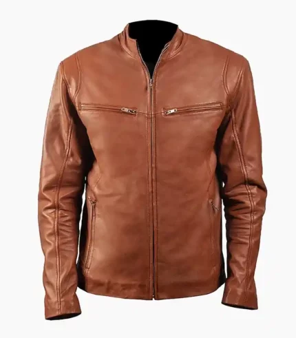 Mens brown leather jacket, genuine leather, classic design, modern fit, durable, versatile jacket for casual and formal use.