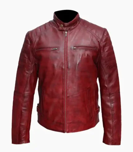A handcrafted mens maroon wax sheep leather jacket, combining premium materials with sleek, modern design. Perfect for those who love luxury and style.