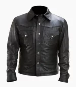Men’s Military Black Leather Jacket made from high-quality leather, featuring a stylish design and practical pockets for functionality.