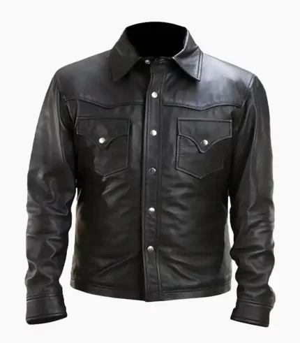 Men’s Military Black Leather Jacket made from high-quality leather, featuring a stylish design and practical pockets for functionality.