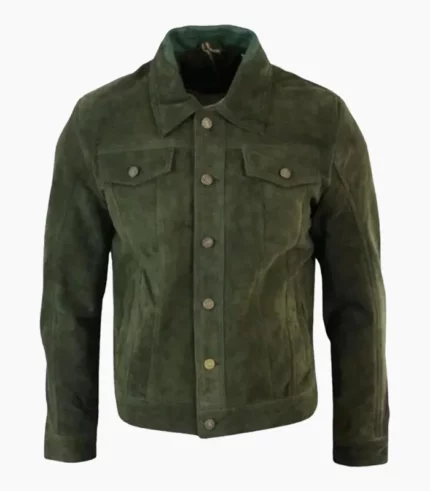 Men's olive suede leather trucker jacket handcrafted with premium materials, offering style, durability, and comfort.