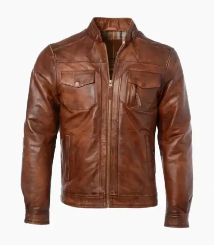 Vintage distressed leather biker jacket for men, handcrafted with premium materials, offering a timeless and rugged look.