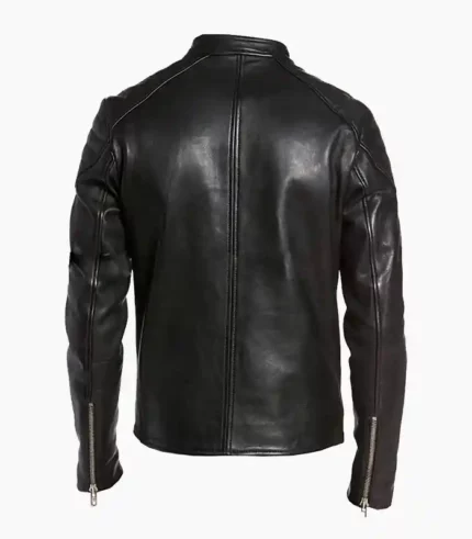 Stylish black genuine leather jacket showcasing handcrafted quality and customization options, perfect for any occasion.