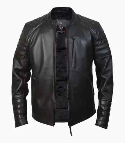 A stylish black leather biker jacket for men, showcasing premium craftsmanship and customizable options, perfect for adventure seekers.