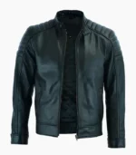 Men’s Black Genuine Leather Jacket, crafted from premium leather, featuring a sleek design and customizable options.