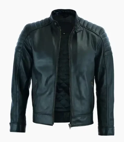 Men’s Black Genuine Leather Jacket, crafted from premium leather, featuring a sleek design and customizable options.