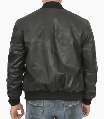 Mens Black Leather Bomber Jacket featuring premium leather construction, ideal for stylish and versatile outerwear.