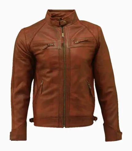 Stylish mens brown leather jacket made from high-quality real leather, offering a comfortable fit and timeless appeal.