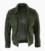 Men's olive suede leather trucker jacket handcrafted with premium materials, offering style, durability, and comfort.