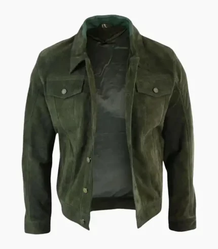 Men's olive suede leather trucker jacket handcrafted with premium materials, offering style, durability, and comfort.