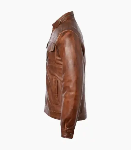 Vintage distressed leather biker jacket for men, handcrafted with premium materials, offering a timeless and rugged look.