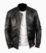 Mens Black Leather Bomber Jacket made from real leather, featuring a sleek design with ribbed cuffs, collar, and hem for a classic yet modern look. Perfect for casual or semi-formal occasions.