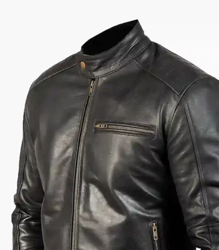 Stylish mens black leather jacket made from premium real leather, designed for comfort and elegance.