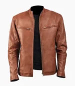 Mens brown leather jacket, genuine leather, classic design, modern fit, durable, versatile jacket for casual and formal use.
