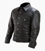Men’s Military Black Leather Jacket made from high-quality leather, featuring a stylish design and practical pockets for functionality.