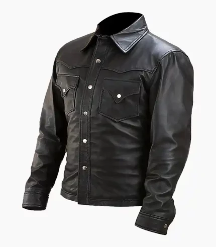 Men’s Military Black Leather Jacket made from high-quality leather, featuring a stylish design and practical pockets for functionality.