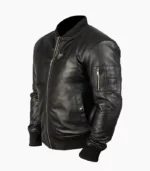 Mens Black Leather Bomber Jacket made from real leather, featuring a sleek design with ribbed cuffs, collar, and hem for a classic yet modern look. Perfect for casual or semi-formal occasions.