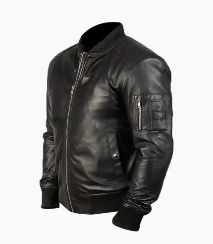 Mens Black Leather Bomber Jacket made from real leather, featuring a sleek design with ribbed cuffs, collar, and hem for a classic yet modern look. Perfect for casual or semi-formal occasions.