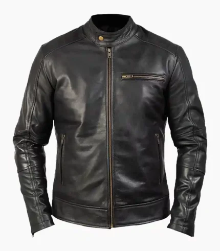Stylish mens black leather jacket made from premium real leather, designed for comfort and elegance.