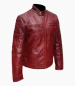 A handcrafted mens maroon wax sheep leather jacket, combining premium materials with sleek, modern design. Perfect for those who love luxury and style.