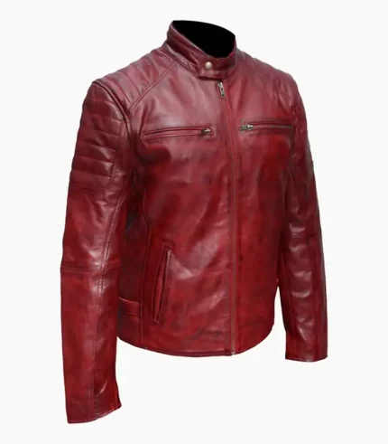 A handcrafted mens maroon wax sheep leather jacket, combining premium materials with sleek, modern design. Perfect for those who love luxury and style.