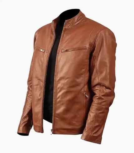 Mens brown leather jacket, genuine leather, classic design, modern fit, durable, versatile jacket for casual and formal use.