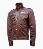 A stylish brown leather bomber zipper-style biker jacket showcasing its premium craftsmanship and classic design.