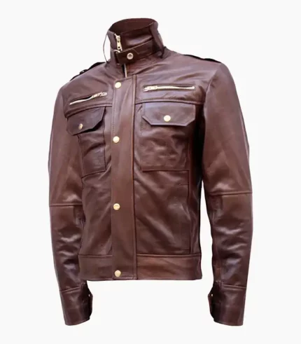 A stylish brown leather bomber zipper-style biker jacket showcasing its premium craftsmanship and classic design.