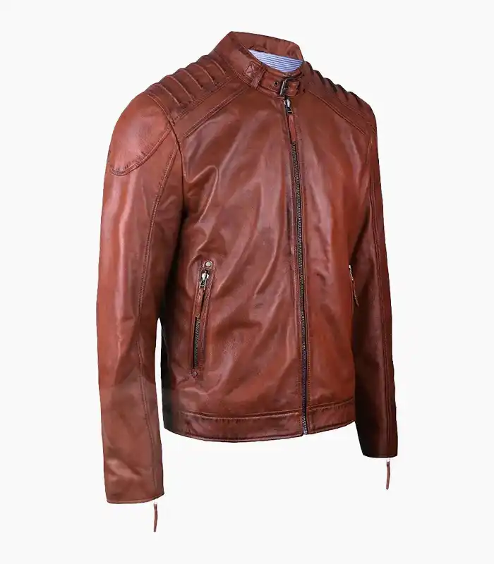 A stunning men's brown leather biker jacket, handcrafted with premium materials, showcasing its unique design and quality.