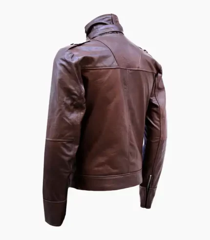 A stylish brown leather bomber zipper-style biker jacket showcasing its premium craftsmanship and classic design.