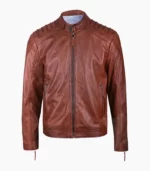 A stunning men's brown leather biker jacket, handcrafted with premium materials, showcasing its unique design and quality.