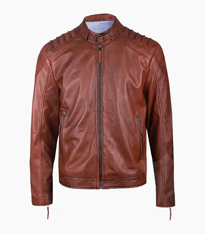 A stunning men's brown leather biker jacket, handcrafted with premium materials, showcasing its unique design and quality.